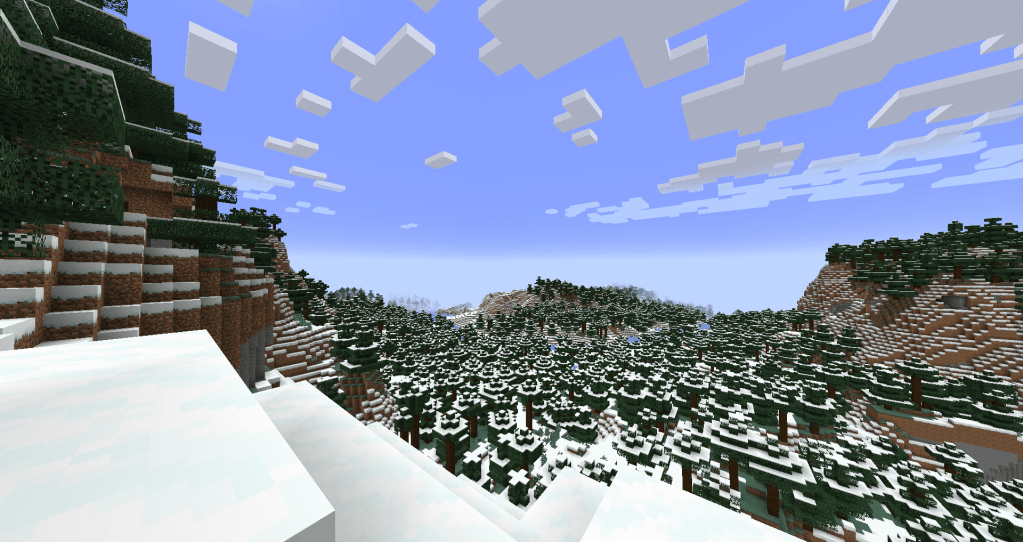 A landscape shot of a spruce forest in minecraft, spread across several hills and stretching to the horizon.