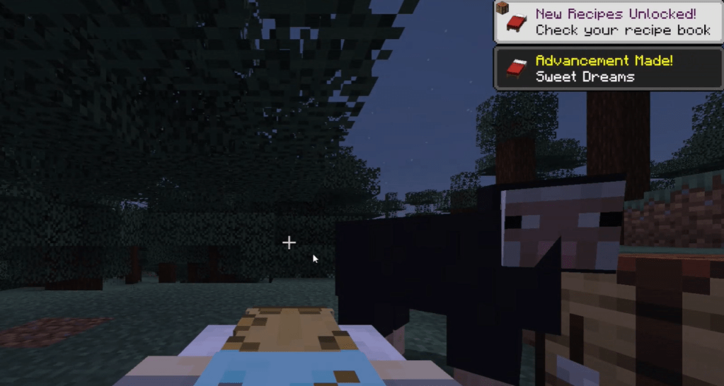 The player finally sleeps in a bed (albeit out in the open) while a black sheep looks at them suspiciously.