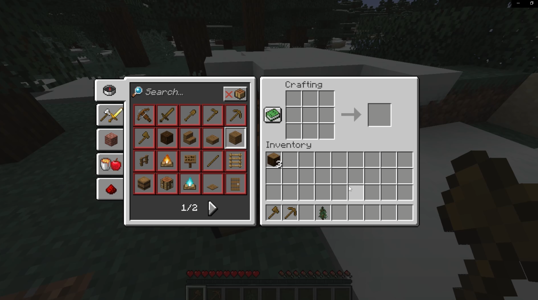 In the middle of a snowy spruce biome, a minecraft player shows their crafting menu. There are three spruce logs in one corner of their inventory, a wooden axe in the first position on their hotbar, a wooden pickaxe in the second and a single spruce sapling in the fourth (the third slot is empty).